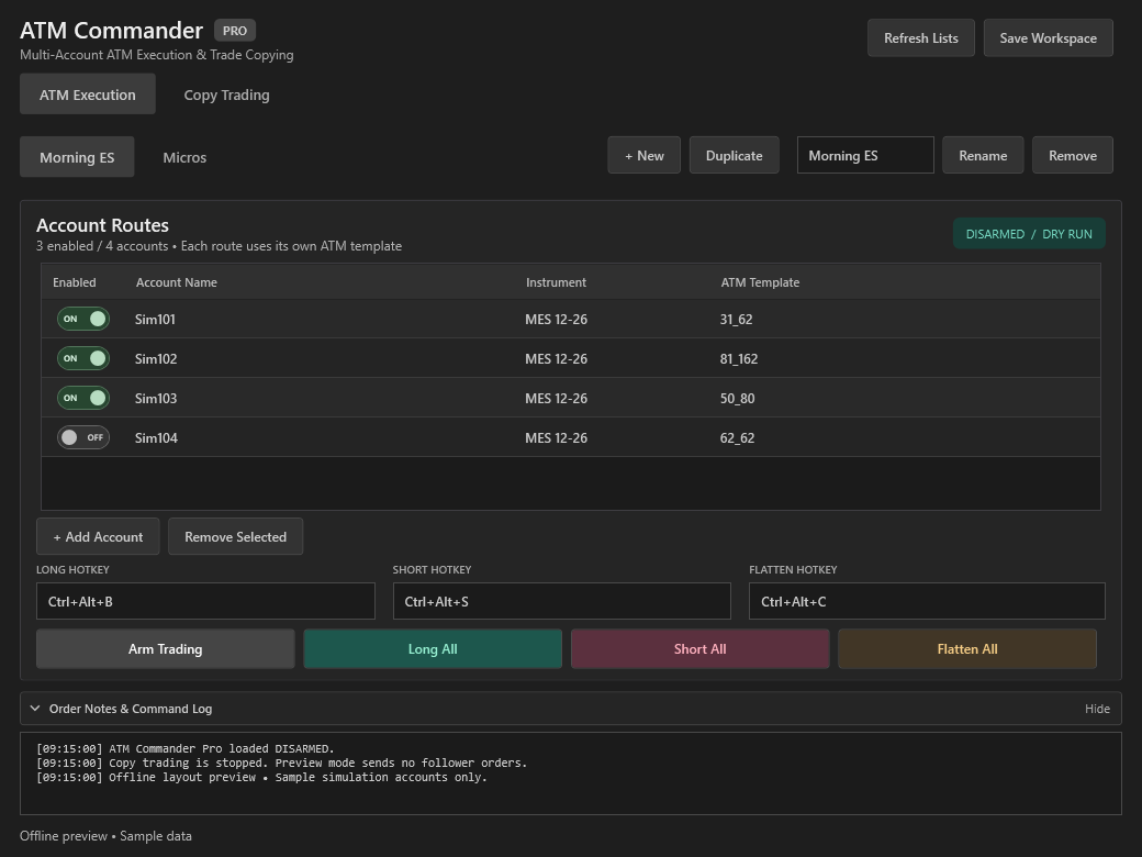 ATM Commander execution preview with named profile tabs, four sample simulation accounts, individual ATM templates, hotkeys, and order controls.