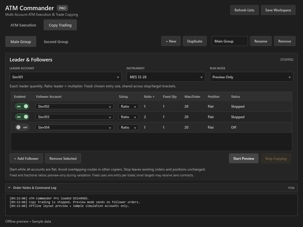 ATM Commander Pro copy trading preview with independent profile tabs, sample simulation accounts, sizing settings, and preview controls. Fixed and fractional sizing are preview-only during validation.